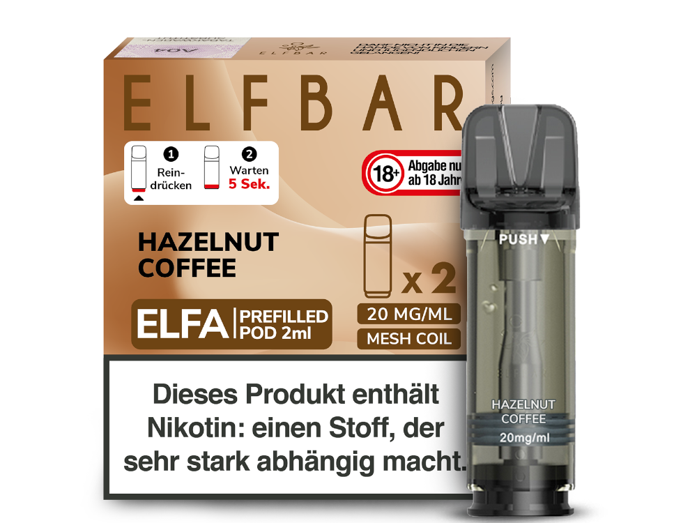 Elfbar Elfa Hazelnut Coffee; Bild der Verpackung und des Pods; Geschmack Haselnuss und Kaffee