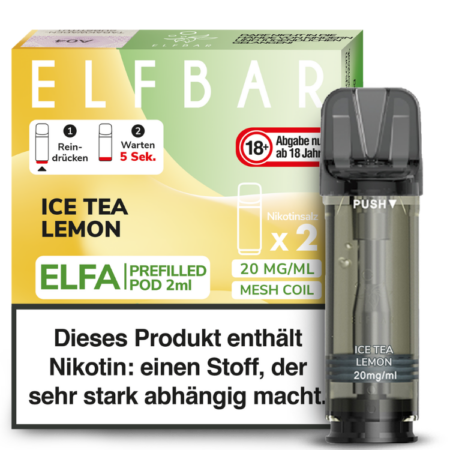 Elfbar Elfa Ice Tea Lemon; Bild der Verpackung und des Pods; Geschmack Zitronen Eistee