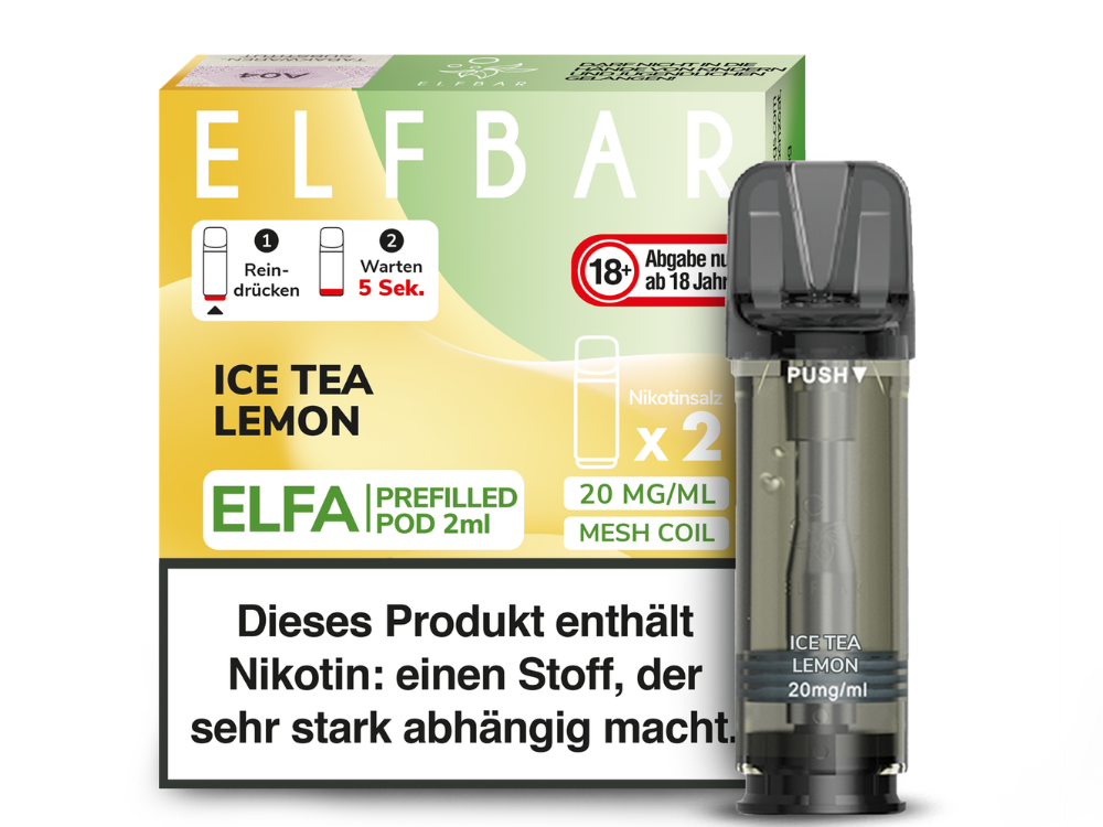 Elfbar Elfa Ice Tea Lemon; Bild der Verpackung und des Pods; Geschmack Zitronen Eistee