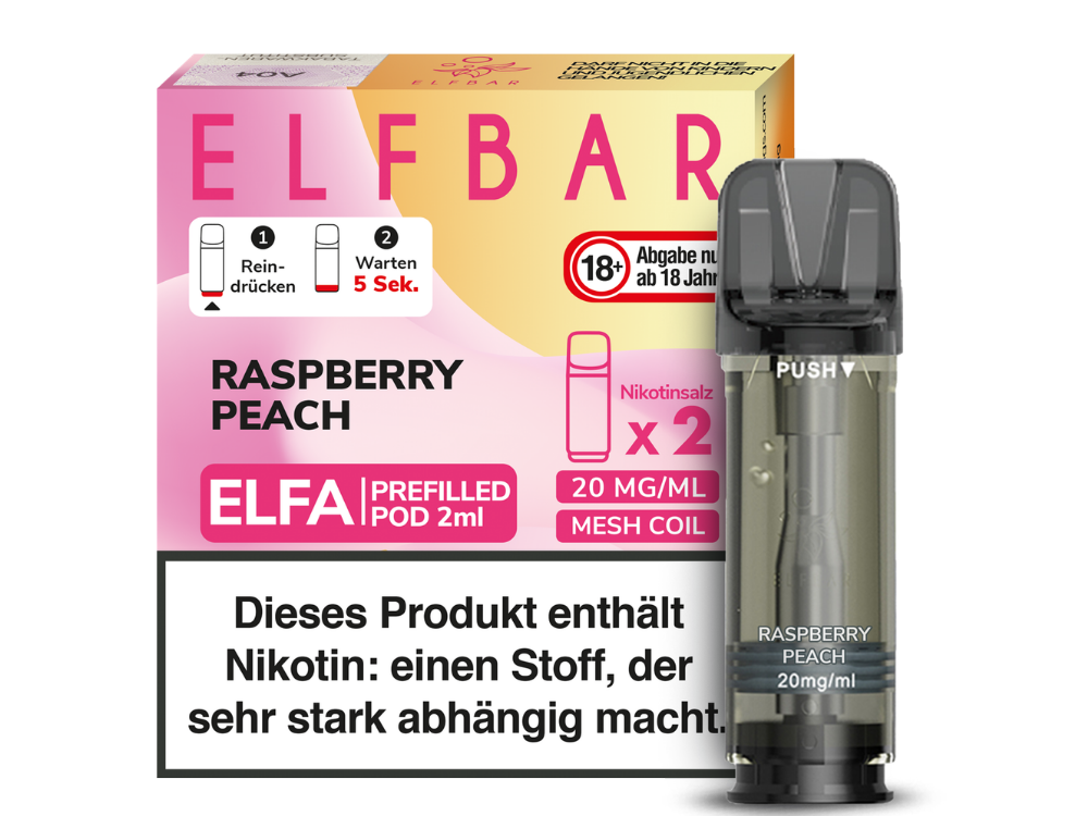 Elfbar Elfa Raspberry Peach; Bild der Verpackung und des Pods; Geschmack Himbeere und Pfirsich