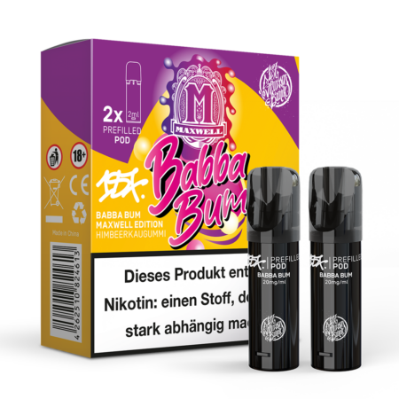 187 Strassenbande Babba Bum Doppelpods 20mg; Bild der Pods und Verpackung; Geschmack Himbeere, Blaubeere, Kaugummi, Frische