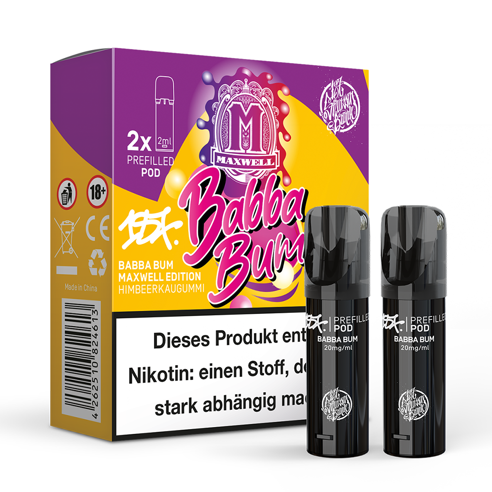 187 Strassenbande Babba Bum Doppelpods 20mg; Bild der Pods und Verpackung; Geschmack Himbeere, Blaubeere, Kaugummi, Frische