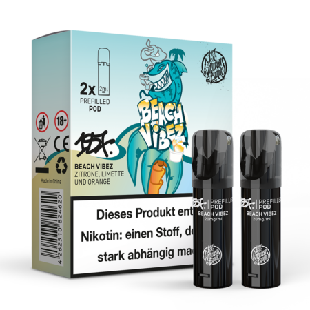 187 Strassenbande Beach Vibez Doppelpods 20mg; Bild der Pods und Verpackung; Geschmack Zitrone, Limette, Orange, Erdbeere