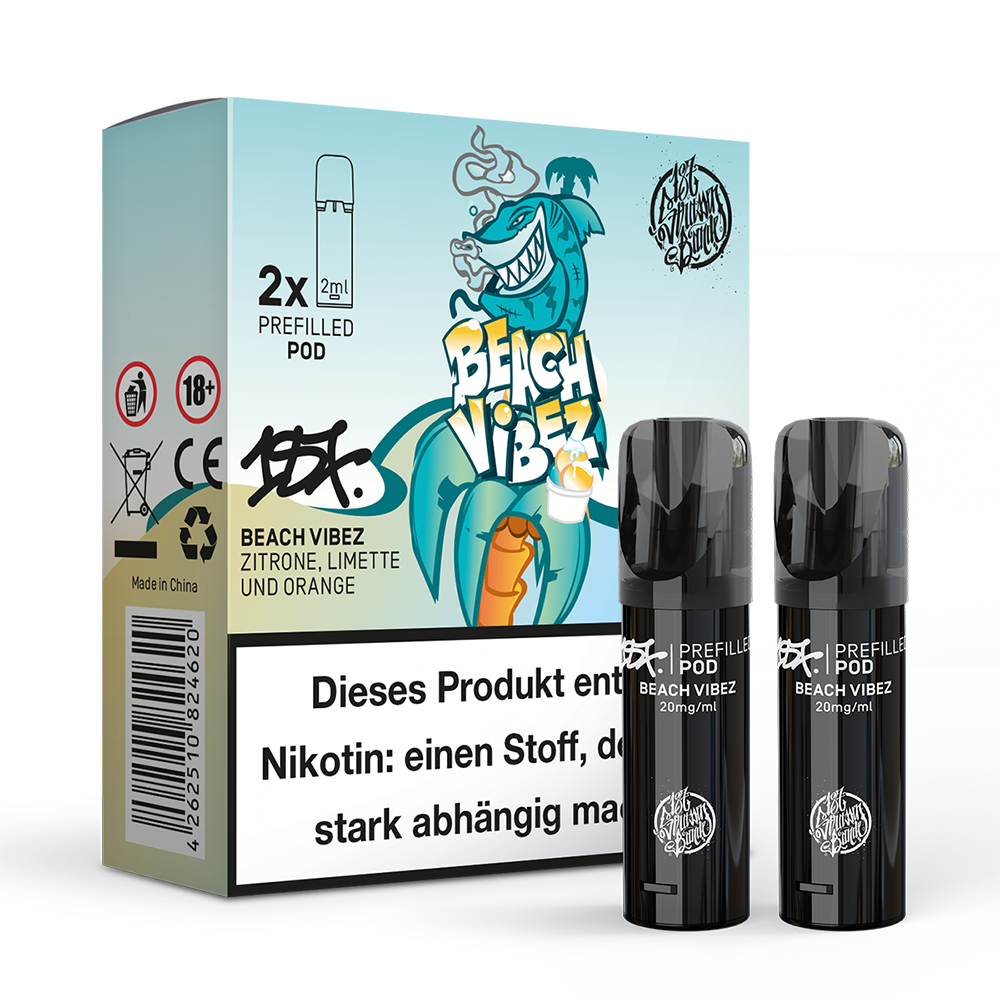 187 Strassenbande Beach Vibez Doppelpods 20mg; Bild der Pods und Verpackung; Geschmack Zitrone, Limette, Orange, Erdbeere