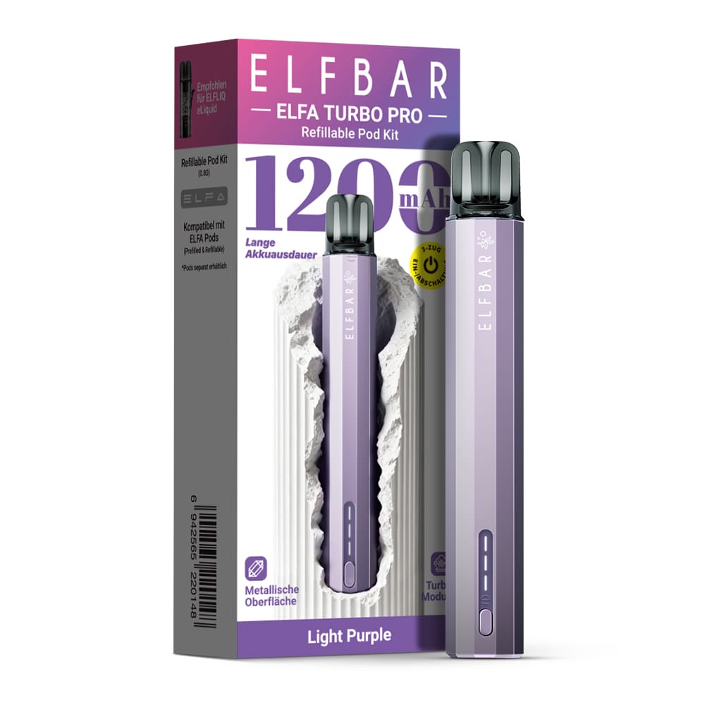 Elfbar Elfa Turbo Pro Purple; Farbe Lila; Bild des Gerätes und der Verpackung