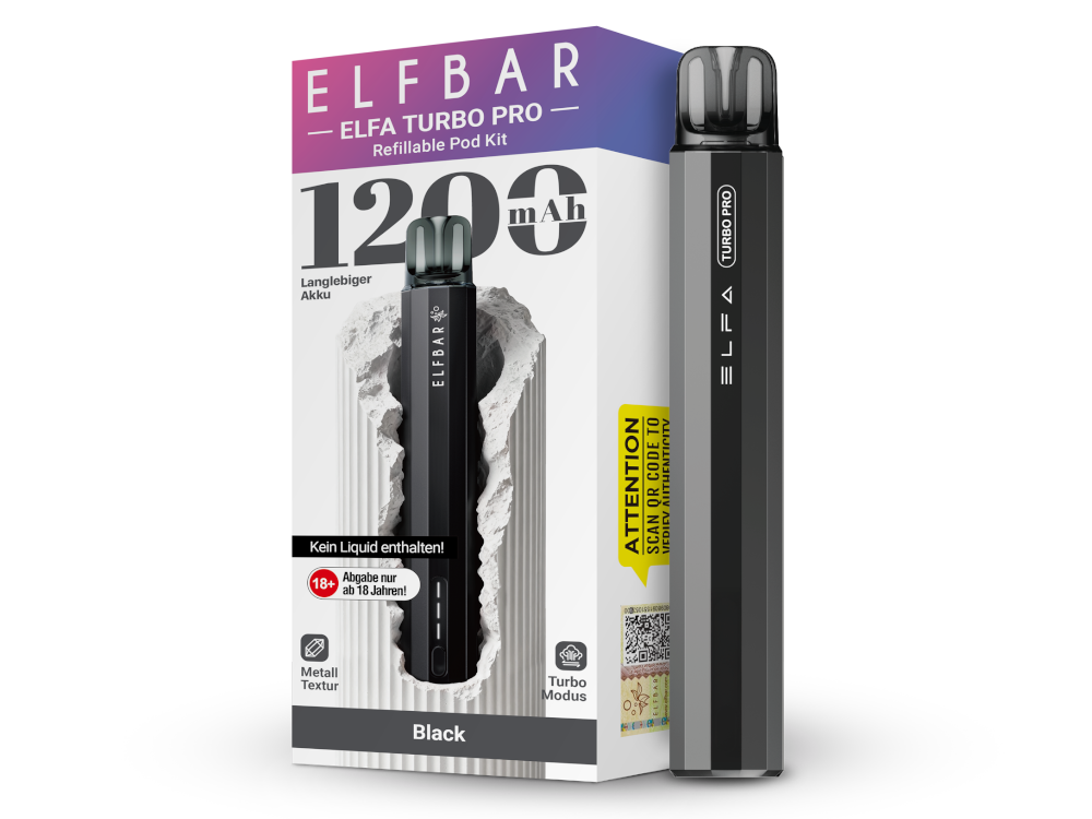 Elfbar Elfa Turbo Pro Black; Farbe Schwarz; Bild des Gerätes und der Verpackung