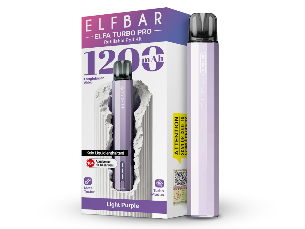 Elfbar Elfa Turbo Pro Purple; Farbe Lila; Bild des Gerätes und der Verpackung