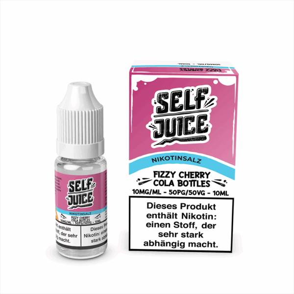 Self Juice Fizzy Cherry Cola Bottles Liquid 10mg; Bild der Flasche und Verpackung; Geschmack: Kirsch-Cola-Bonbon