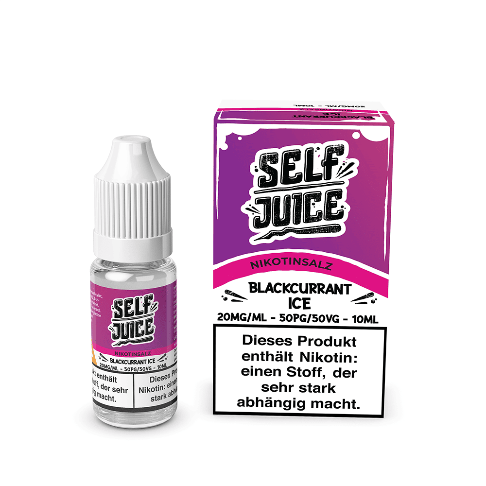 Self Juice Blackcurrant Ice Liquid 20mg; Bild der Flasche und Verpackung; Geschmack: Schwarze Johannisbeere & Ice