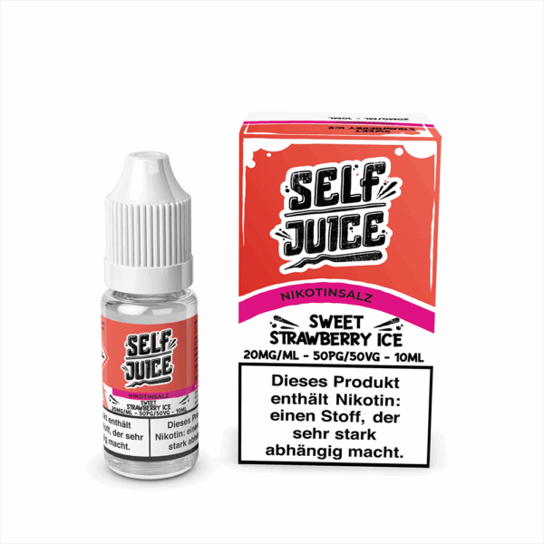 Self Juice Sweet Strawberry Ice Liquid; Bild der Flasche und Verpackung; Geschmack: Süße Erdbeeren mit Ice
