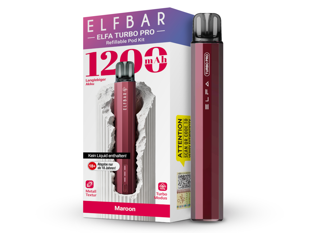 Elfbar Elfa Turbo Pro Maroon; Farbe Weinrot; Bild des Gerätes und der Verpackung