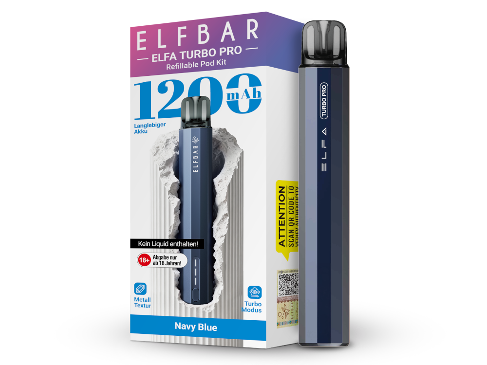 Elfbar Elfa Turbo Pro Navy Blue; Farbe Blau; Bild des Gerätes und der Verpackung