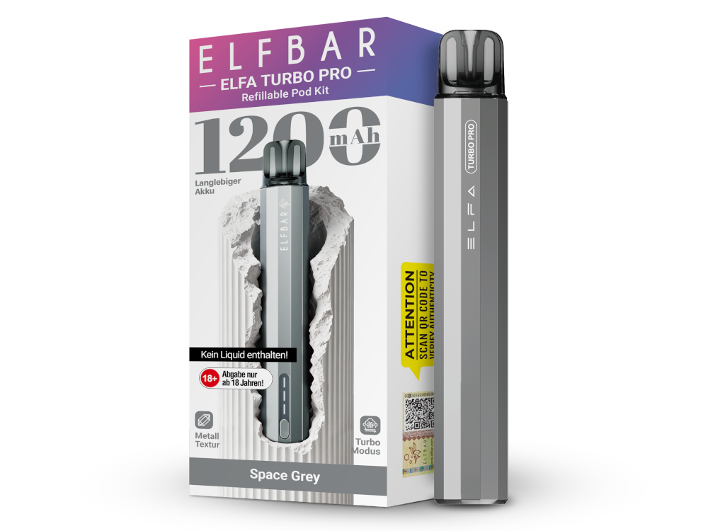 Elfbar Elfa Turbo Pro Space Grey; Farbe Grau; Bild des Gerätes und der Verpackung