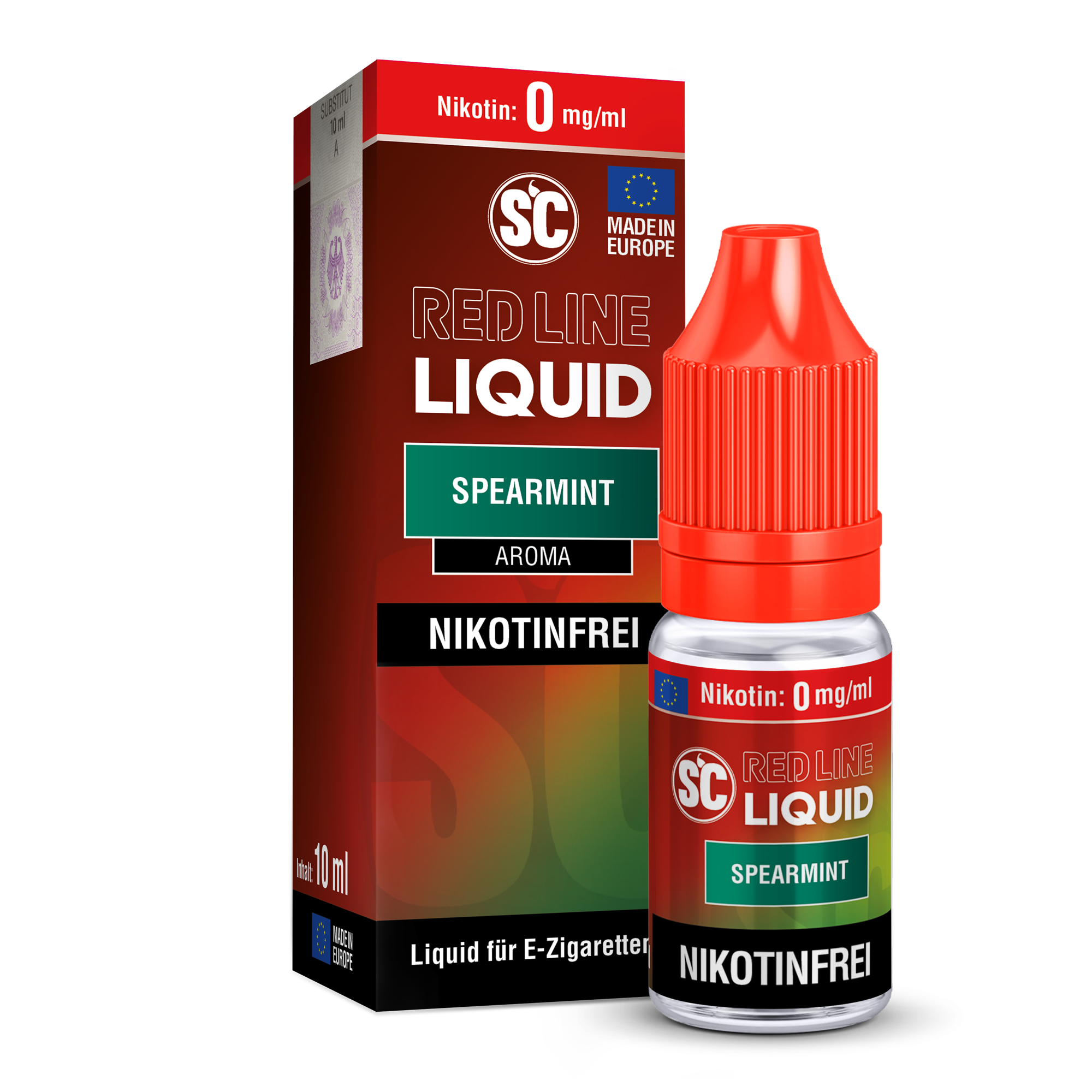 SC Red Line Spearmint 0mg Liquid; Bild der Verpackung und des Liquids